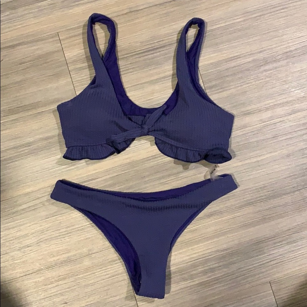 NWOT SHEIN Textured Ruffled Hem Purple Swimsuit